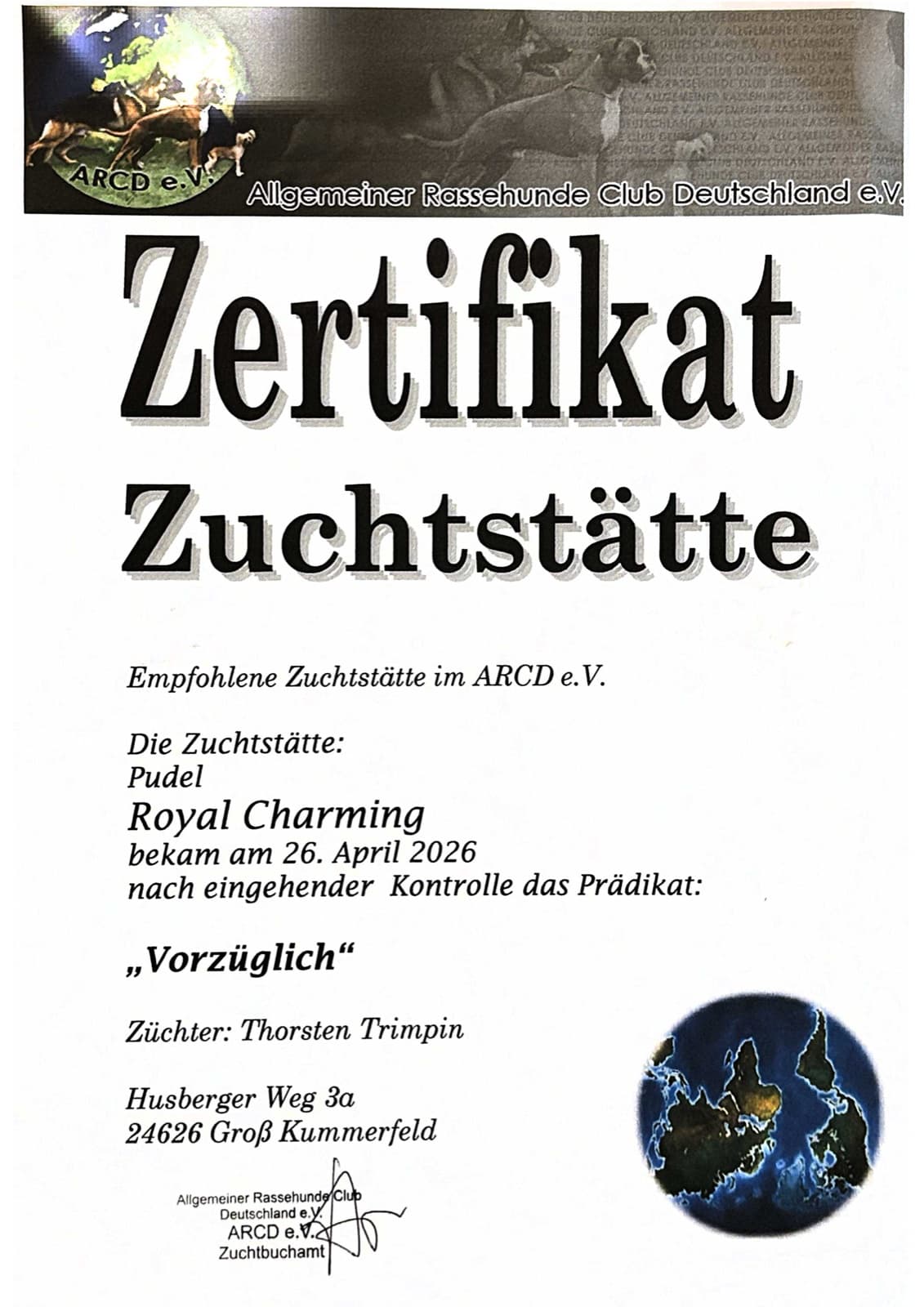 ARCD-Zertifikat Zuchtstätte Royal Charming